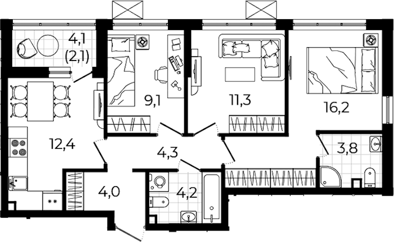 3-комнатная квартира 67.4 м², 2/12 эт., ЖК «А101 Всеволожск»